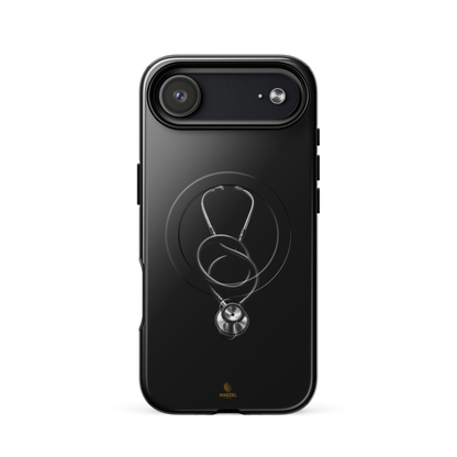 The Oath iPhone Case, single silver stethoscope on black. Haezel Tech Healer Series, view 14