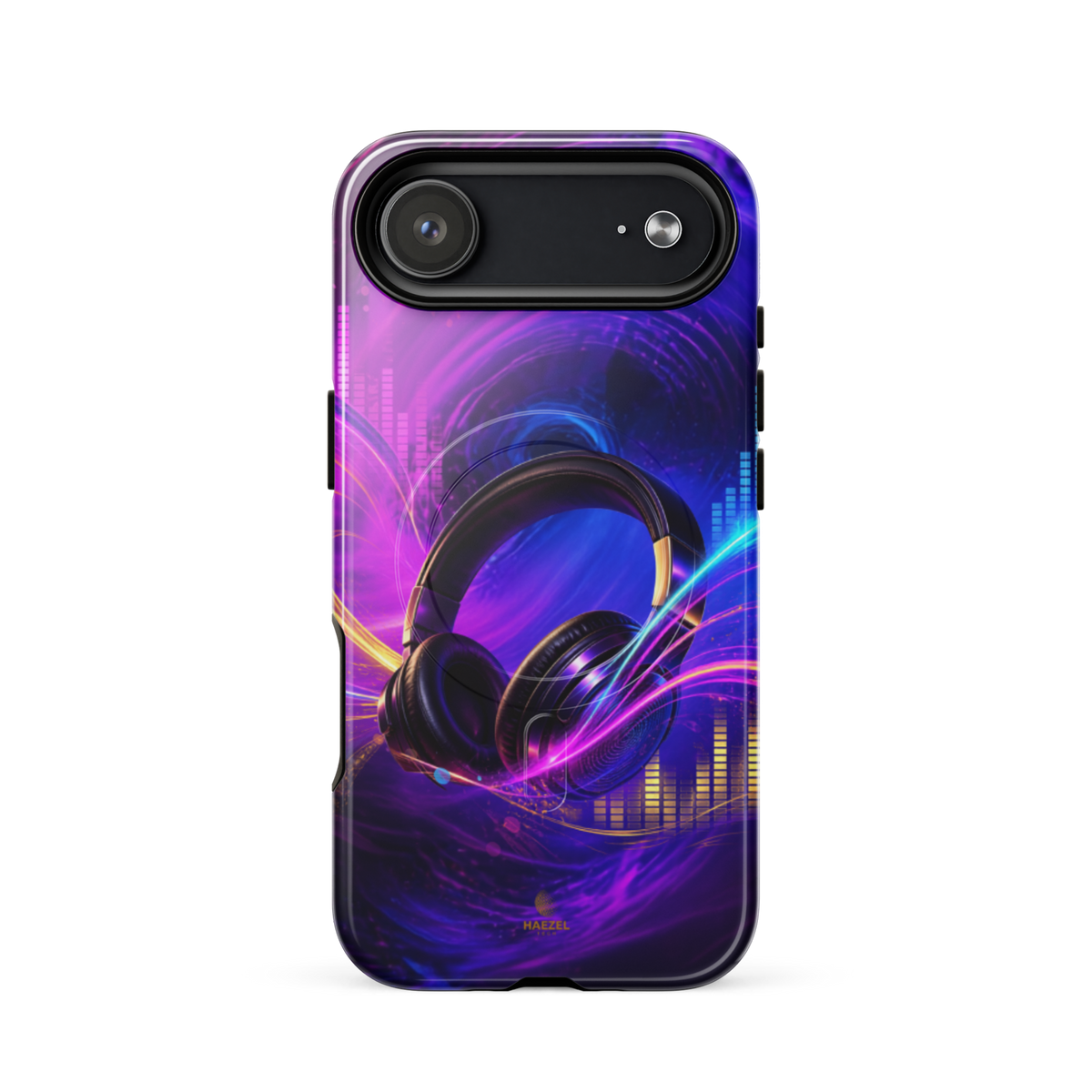 The Frequency iPhone Case, studio headphones on a neon equaliser swirl. Haezel Tech Rhythm Series, view 14