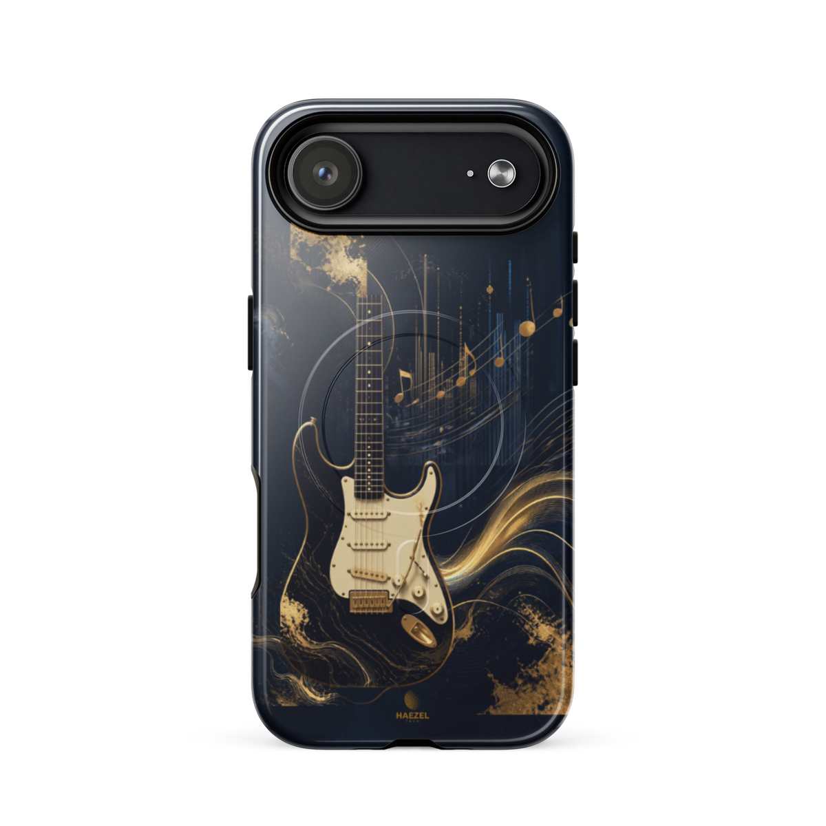 The Headliner iPhone Case, cream and gold electric guitar on navy. Haezel Tech Rhythm Series, view 14