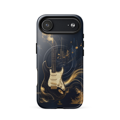 The Headliner iPhone Case, cream and gold electric guitar on navy. Haezel Tech Rhythm Series, view 14