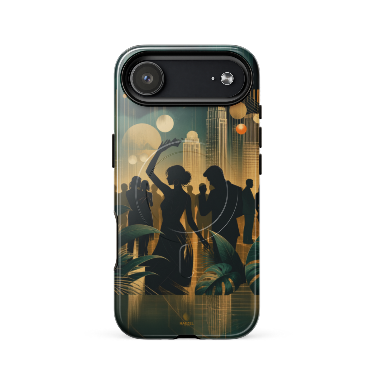 The Speakeasy iPhone Case, gold art deco dancers, city skyline and palm leaves. Haezel Tech Rhythm Series, view 14
