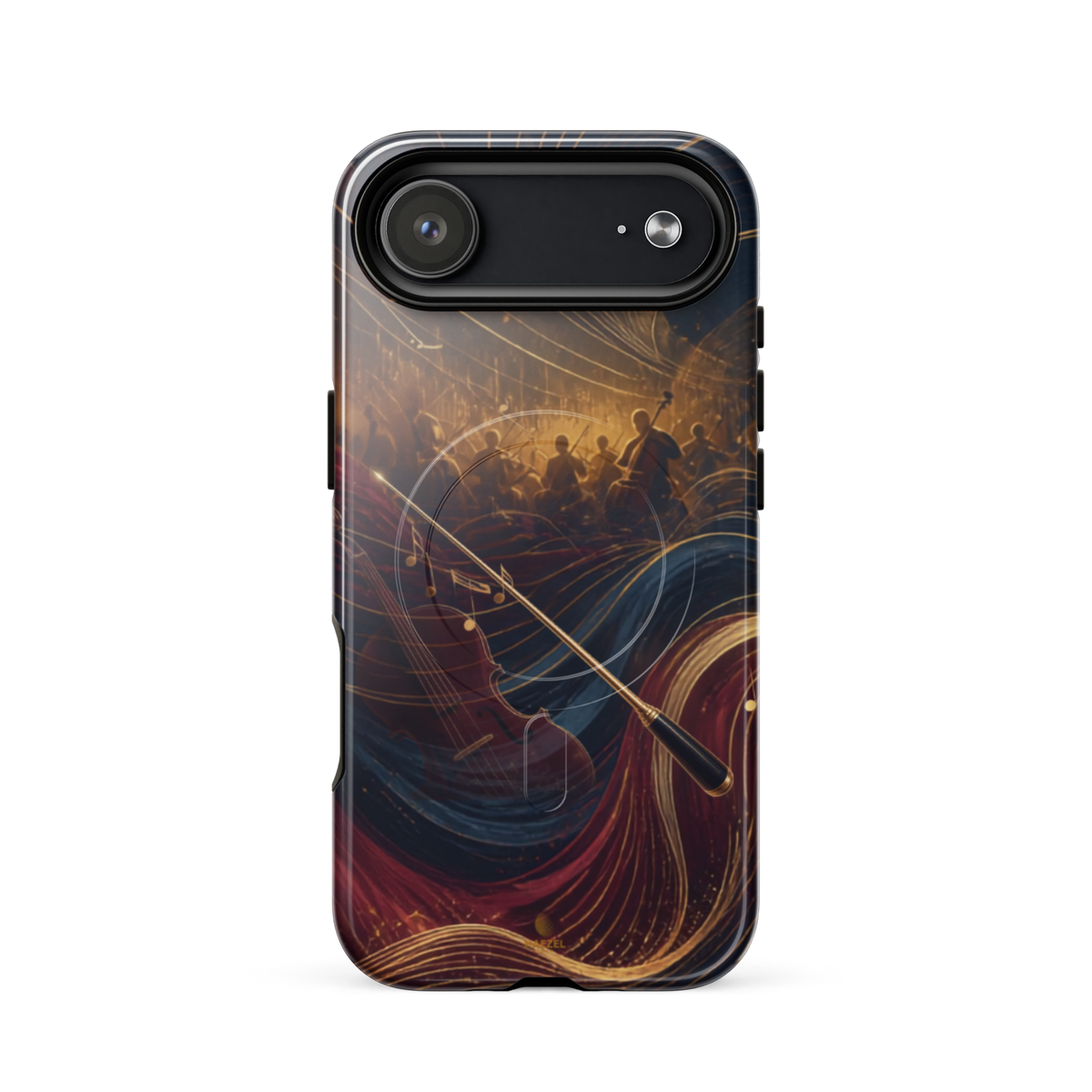 The Virtuoso iPhone Case, gold-line violin and bow over orchestra silhouettes. Haezel Tech Rhythm Series, view 14