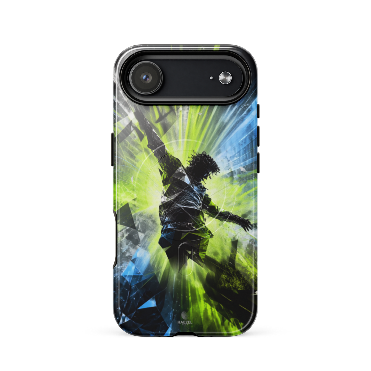 The Kinetic iPhone Case, lime dancer silhouette breaking into geometric shards. Haezel Tech Rhythm Series, view 14