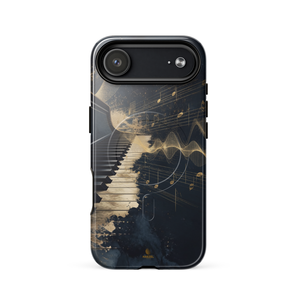 The Nocturne iPhone Case, piano keys and gold music notation on midnight navy. Haezel Tech Rhythm Series, view 14