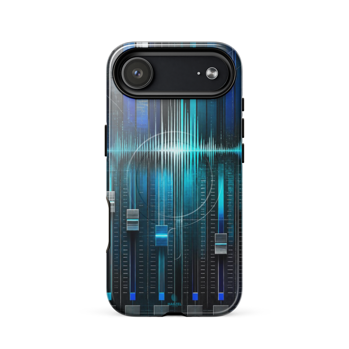 The Mixdown iPhone Case, cyan mixing desk faders and waveform peaks. Haezel Tech Rhythm Series, view 14