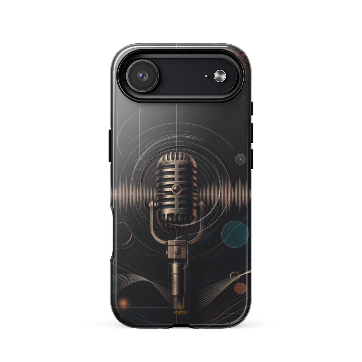 The Broadcast iPhone Case, bronze vintage microphone ringed by soundwaves. Haezel Tech Rhythm Series, view 14