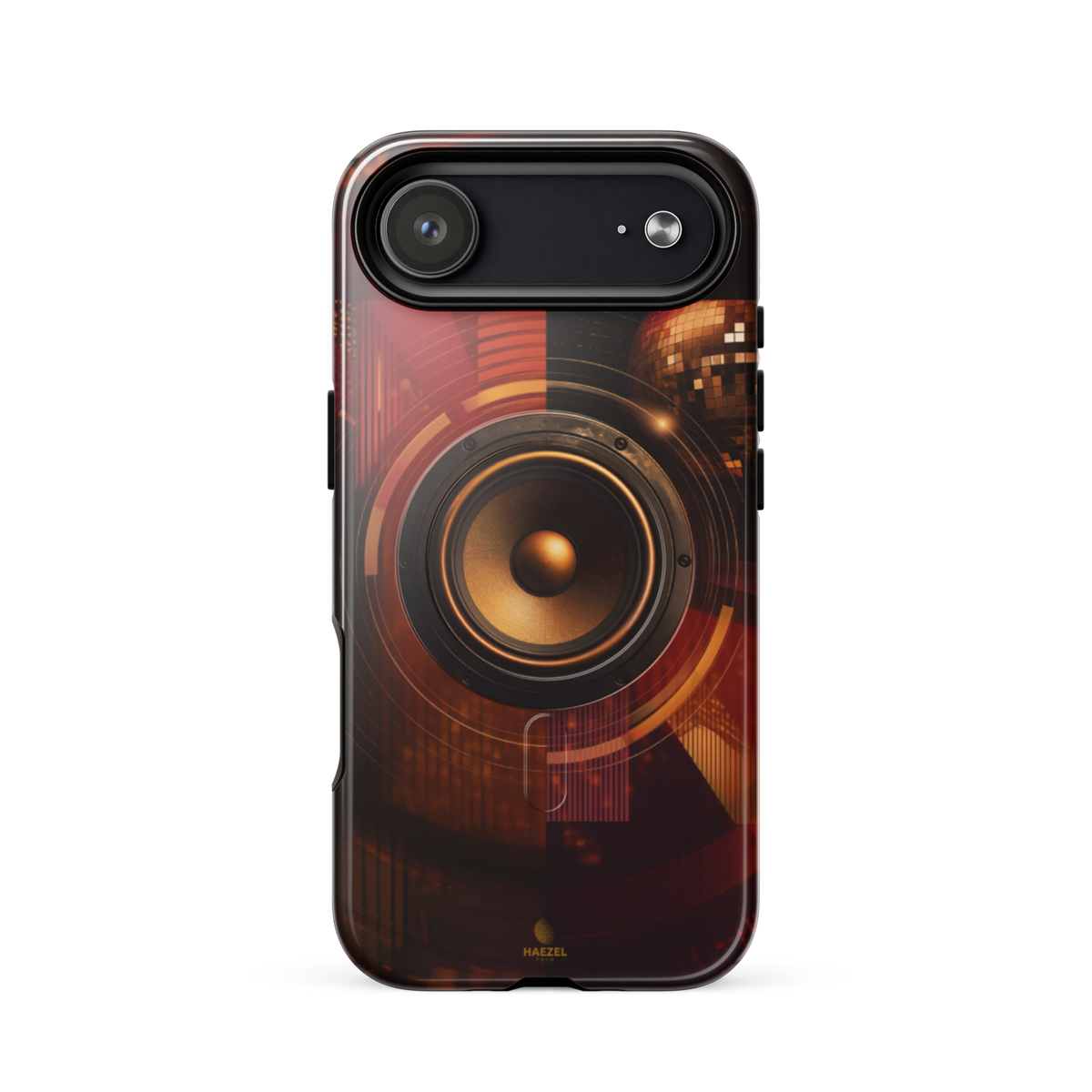 The Bassline iPhone Case, gold speaker cone split across red and black. Haezel Tech Rhythm Series, view 14