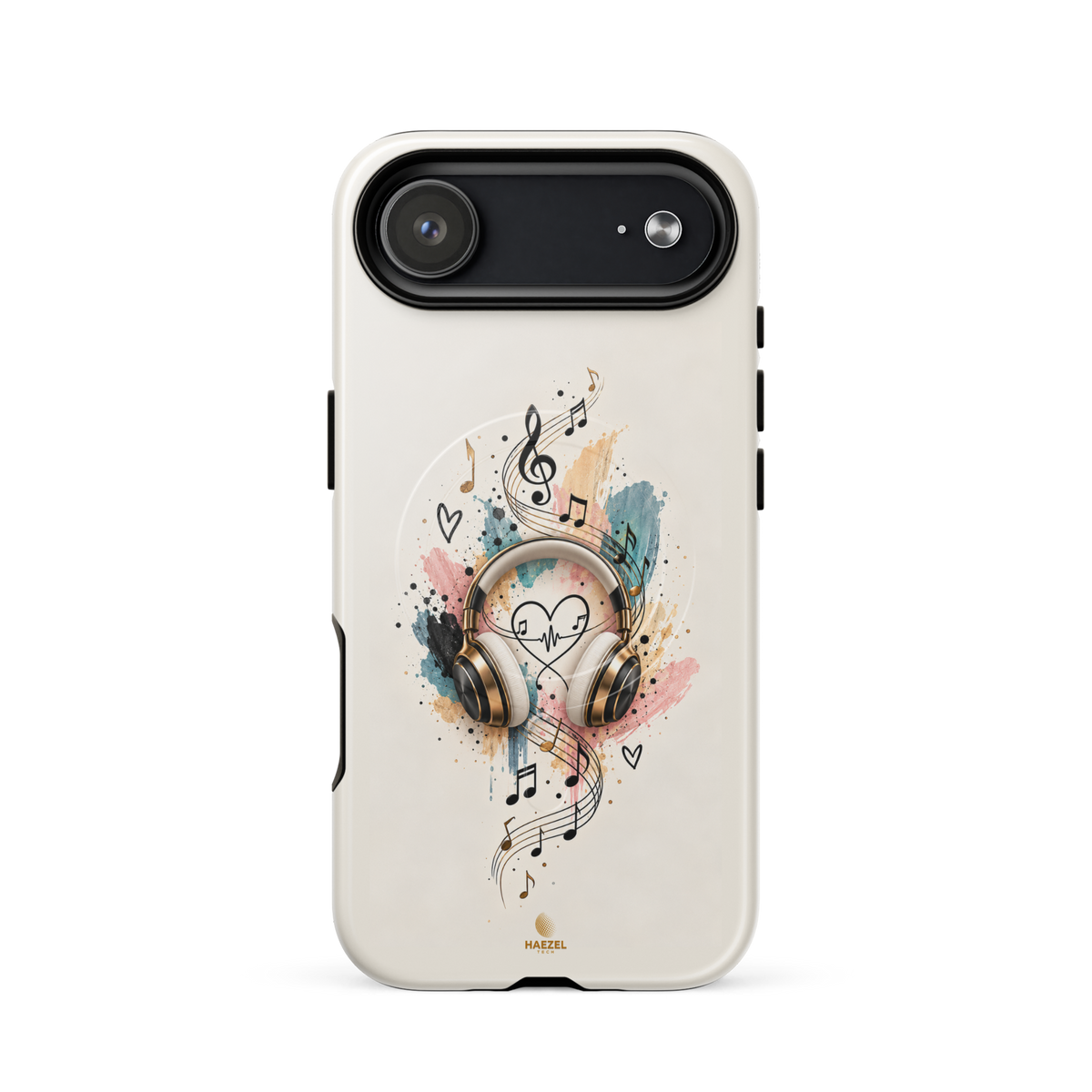 The Serenade Ivory iPhone Case, gold headphones and heartbeat in watercolour on ivory. Haezel Tech Rhythm Series, view 14