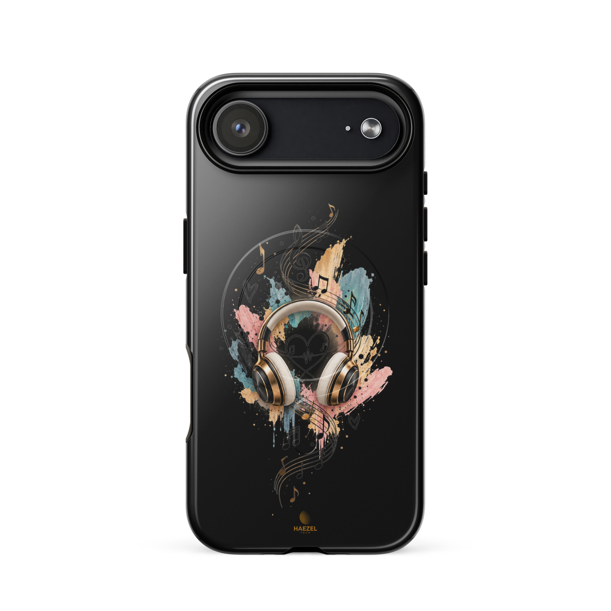 The Serenade Onyx iPhone Case, gold headphones and heartbeat in watercolour on black. Haezel Tech Rhythm Series, view 14