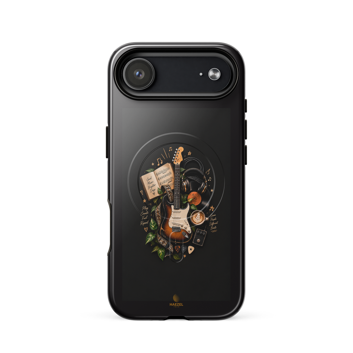 The Songbook iPhone Case, sunburst guitar and open songbook on black. Haezel Tech Rhythm Series, view 14