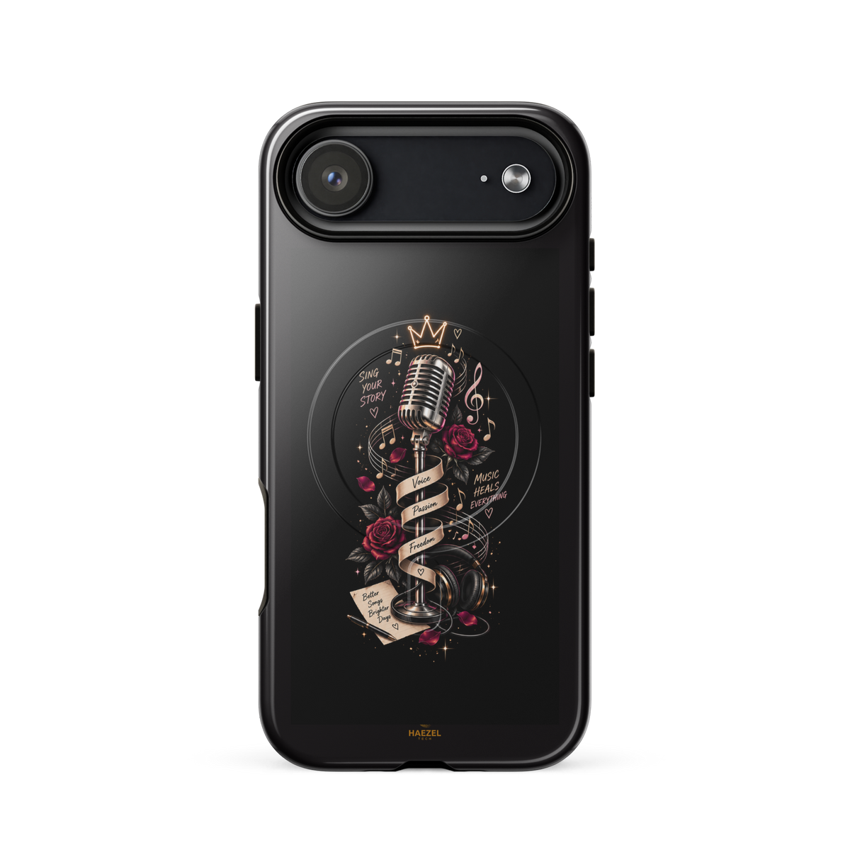 The Showstopper iPhone Case, crowned vintage microphone and red roses on black. Haezel Tech Rhythm Series, view 14