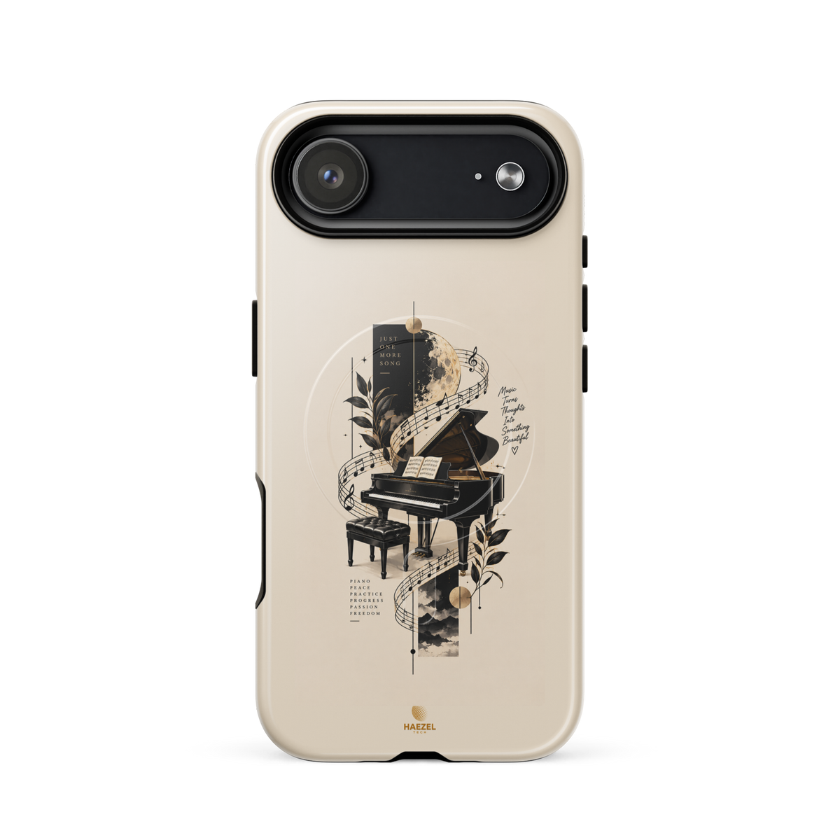 The Recital iPhone Case, grand piano and sheet music under a full moon on ivory. Haezel Tech Rhythm Series, view 14