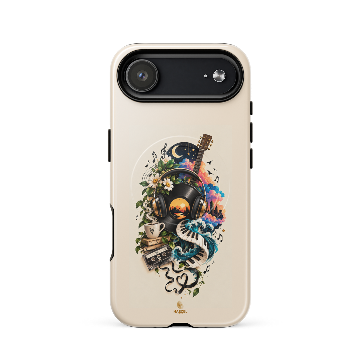 The Playlist iPhone Case, vinyl, headphones, guitar and cassette collage on ivory. Haezel Tech Rhythm Series, view 14