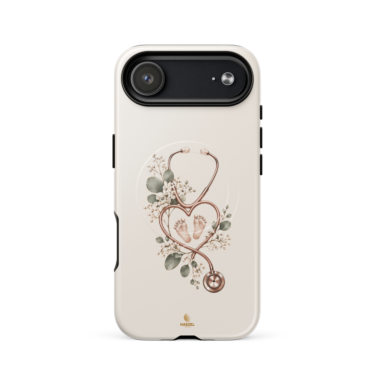 The Midwife Ivory iPhone Case, stethoscope heart with tiny baby feet on ivory. Haezel Tech Healer Series, view 14