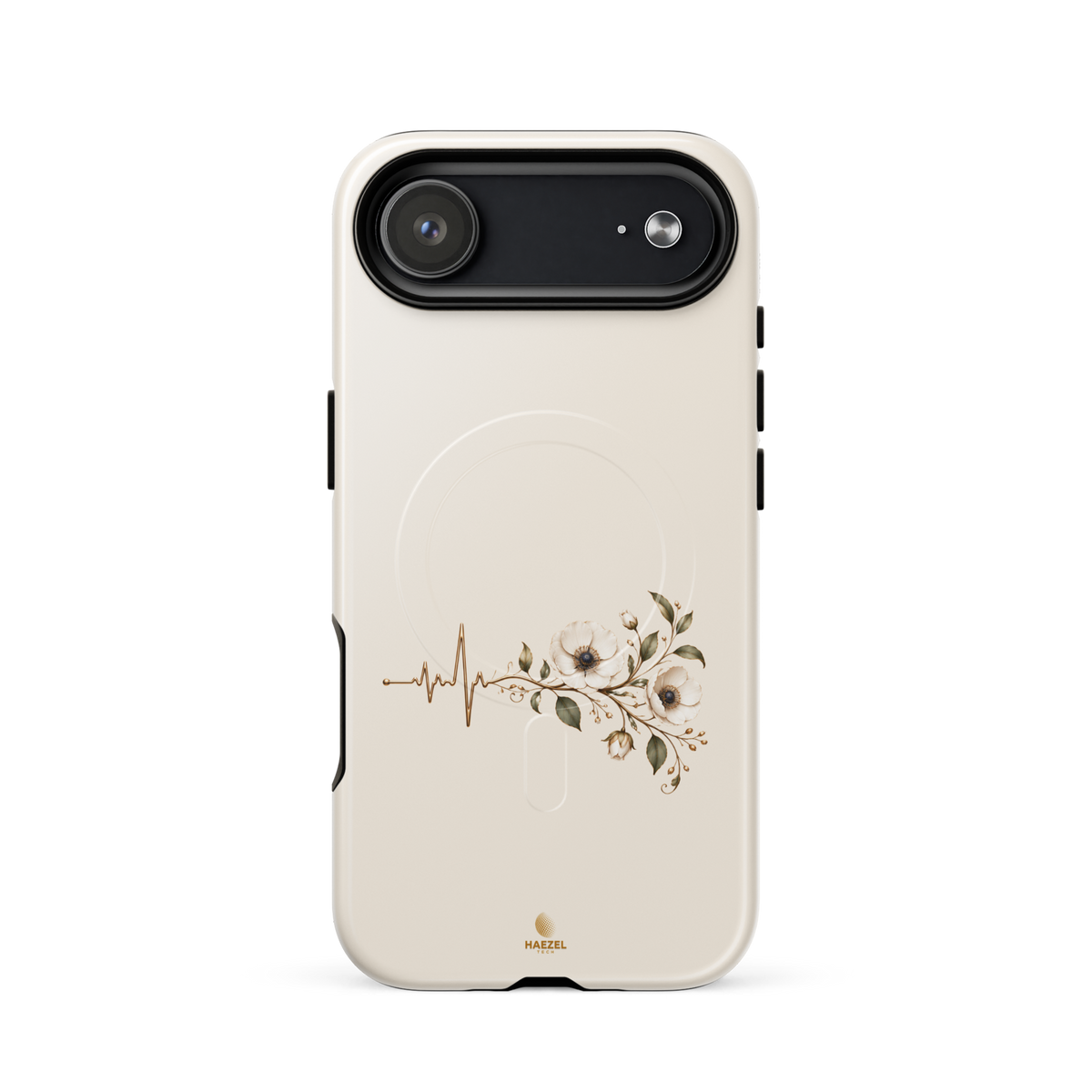 The Heartbeat iPhone Case, gold heartbeat line flowing into flowers on ivory. Haezel Tech Healer Series, view 14
