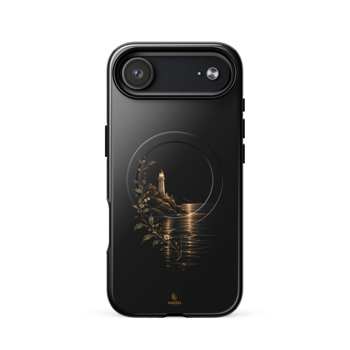 The Lighthouse iPhone Case, lighthouse glowing over still water with gold flowers on black. Haezel Tech Healer Series, view 14