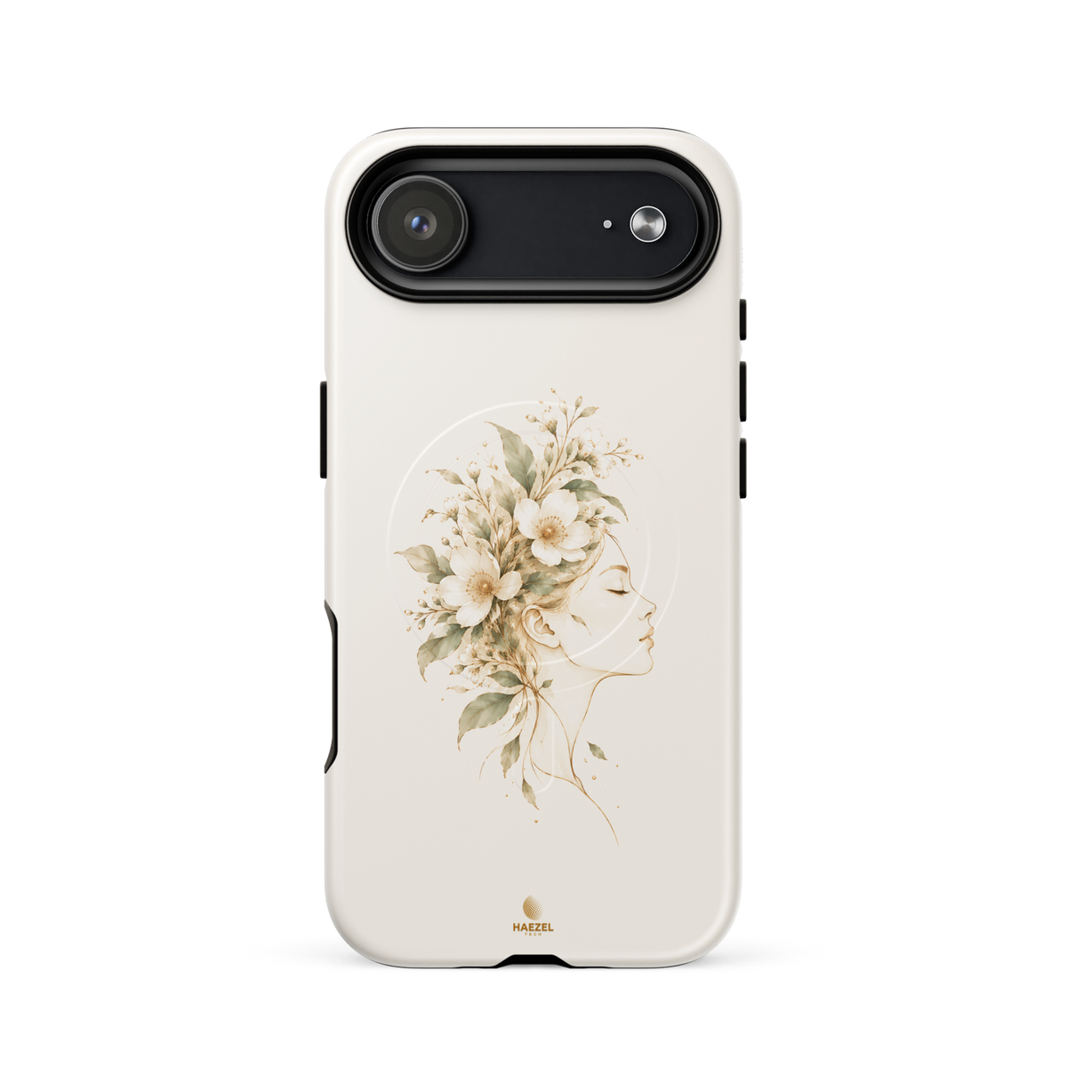 The Blooming Mind Ivory iPhone Case, woman's profile with flowers blooming from her mind on ivory. Haezel Tech Healer Series, view 14