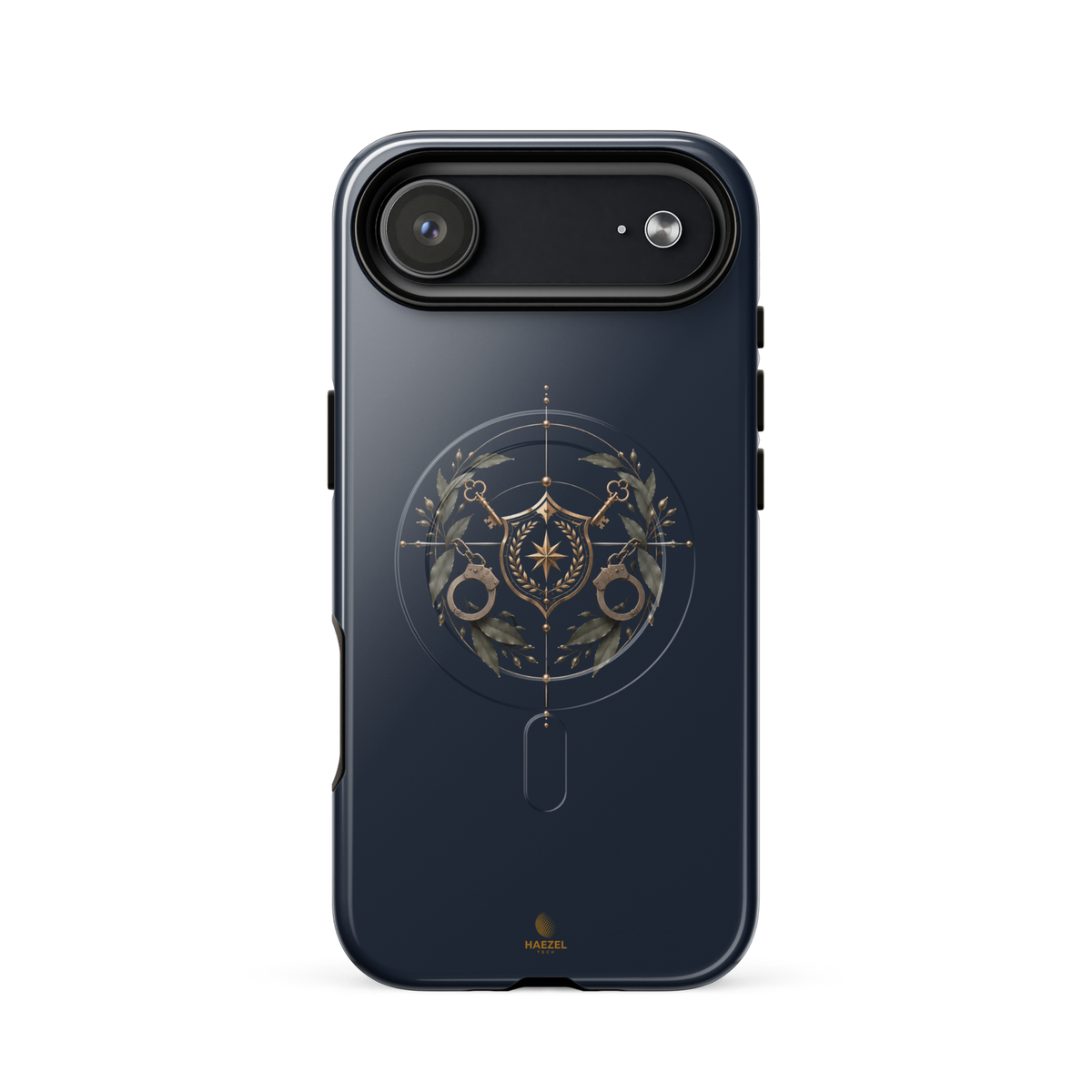 The Watch iPhone Case, gold shield with crossed keys and laurel wreath on navy. Haezel Tech Guardian Series, view 14