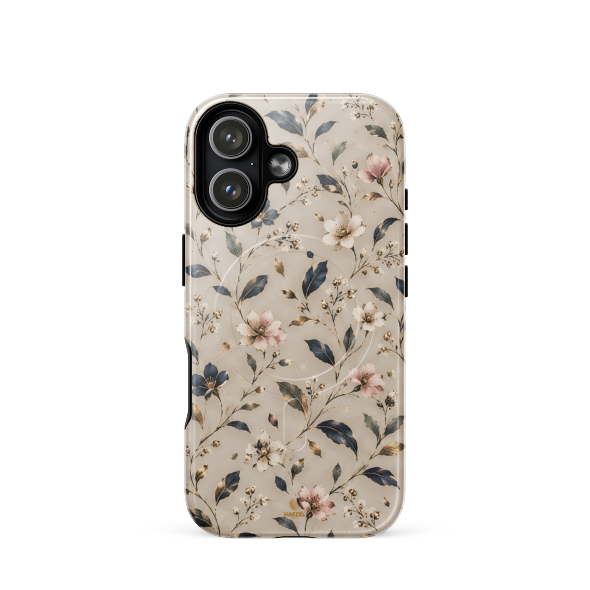 The Blossom iPhone Case by Haezel Tech — delicate pink and white blossom on ivory with navy leaves