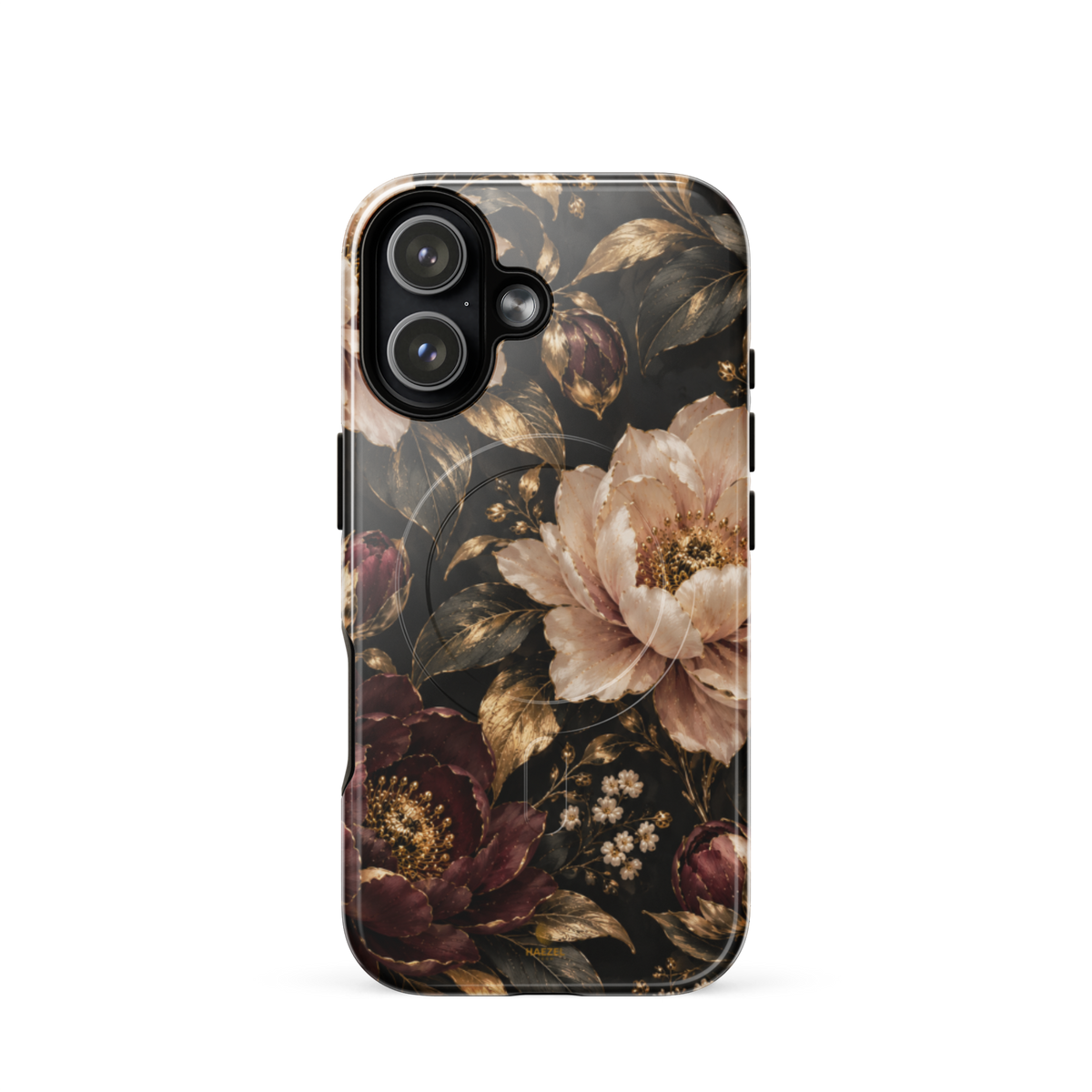 The Peony iPhone Case by Haezel Tech — blush and burgundy peonies with gold foliage on black