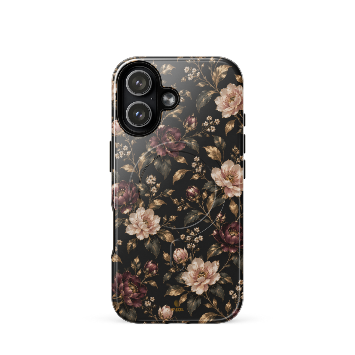 The Rosewood iPhone Case by Haezel Tech — dusky rose and burgundy florals with gold leaves on black