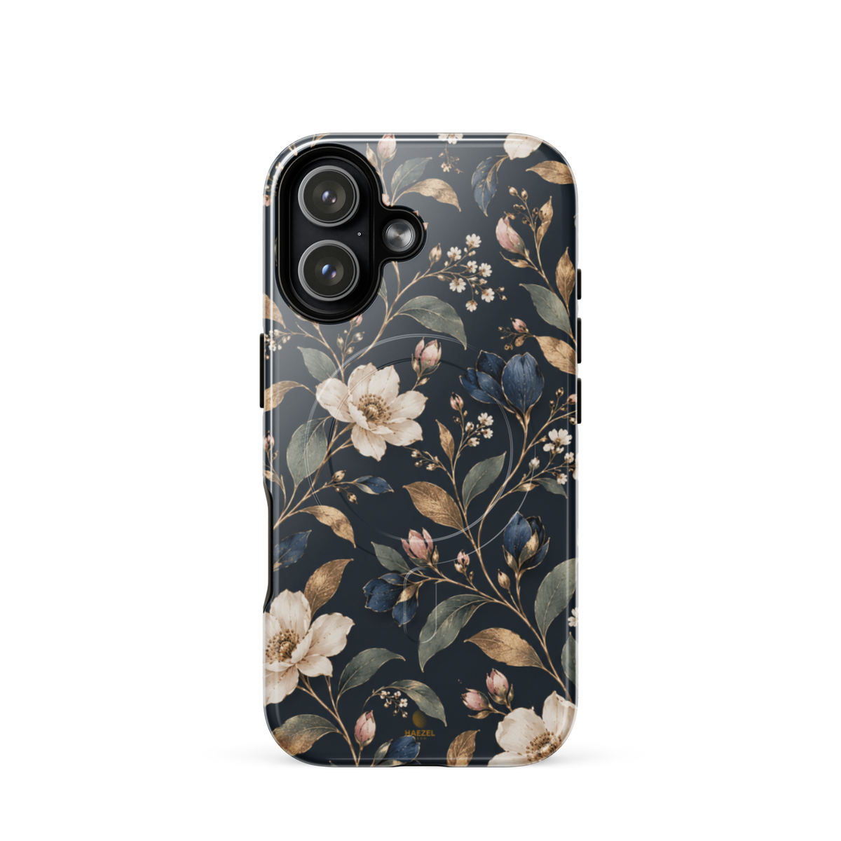 The Camellia iPhone Case by Haezel Tech — ivory camellias and gold leaves on deep navy