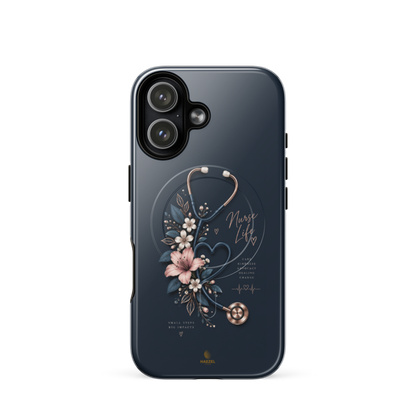 The Pledge iPhone Case, rose-gold stethoscope and lilies on navy. Haezel Tech Healer Series, view 13