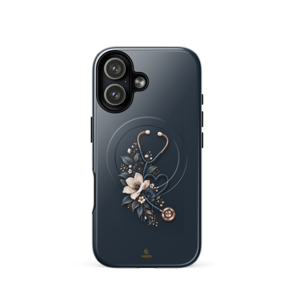 The Grace iPhone Case, anemones and rose-gold stethoscope on navy. Haezel Tech Healer Series, view 13