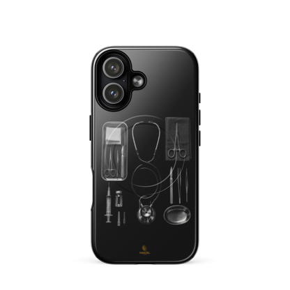 The Theatre iPhone Case, silver surgical instrument tray on black. Haezel Tech Healer Series, view 13