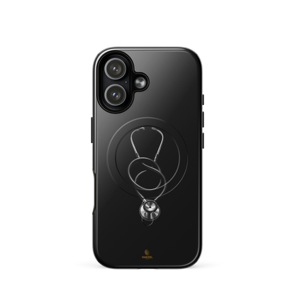 The Oath iPhone Case, single silver stethoscope on black. Haezel Tech Healer Series, view 13