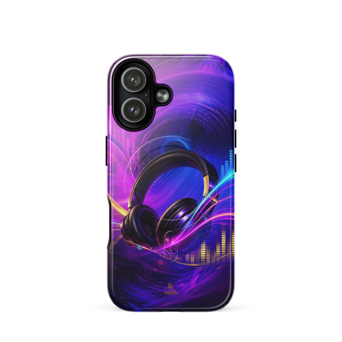 The Frequency iPhone Case, studio headphones on a neon equaliser swirl. Haezel Tech Rhythm Series, view 13