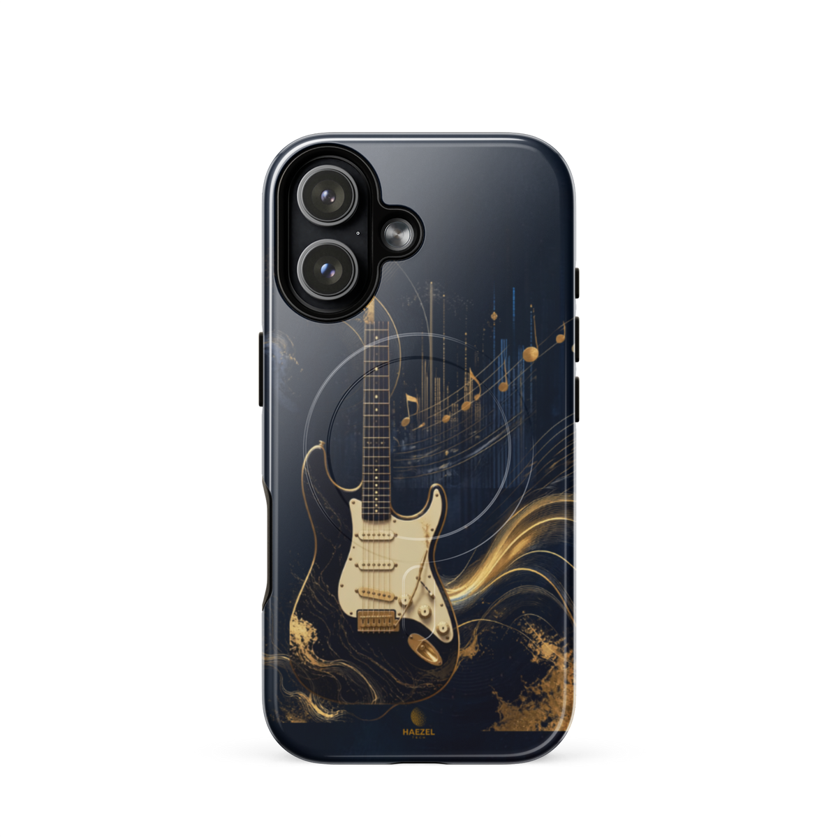 The Headliner iPhone Case, cream and gold electric guitar on navy. Haezel Tech Rhythm Series, view 13
