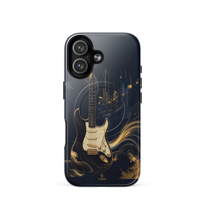 The Headliner iPhone Case, cream and gold electric guitar on navy. Haezel Tech Rhythm Series, view 13