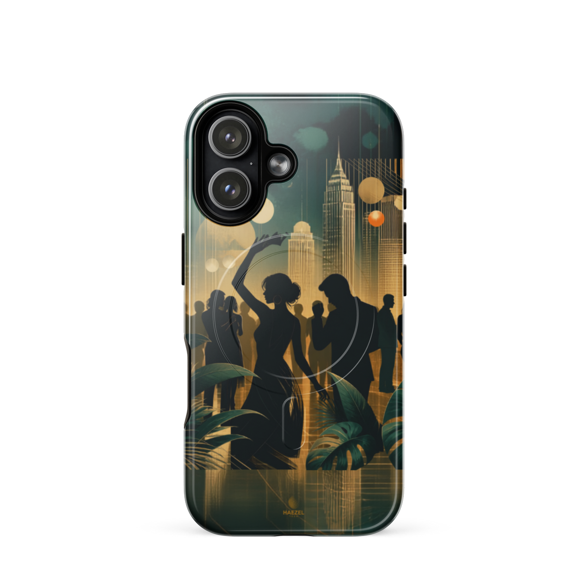 The Speakeasy iPhone Case, gold art deco dancers, city skyline and palm leaves. Haezel Tech Rhythm Series, view 13