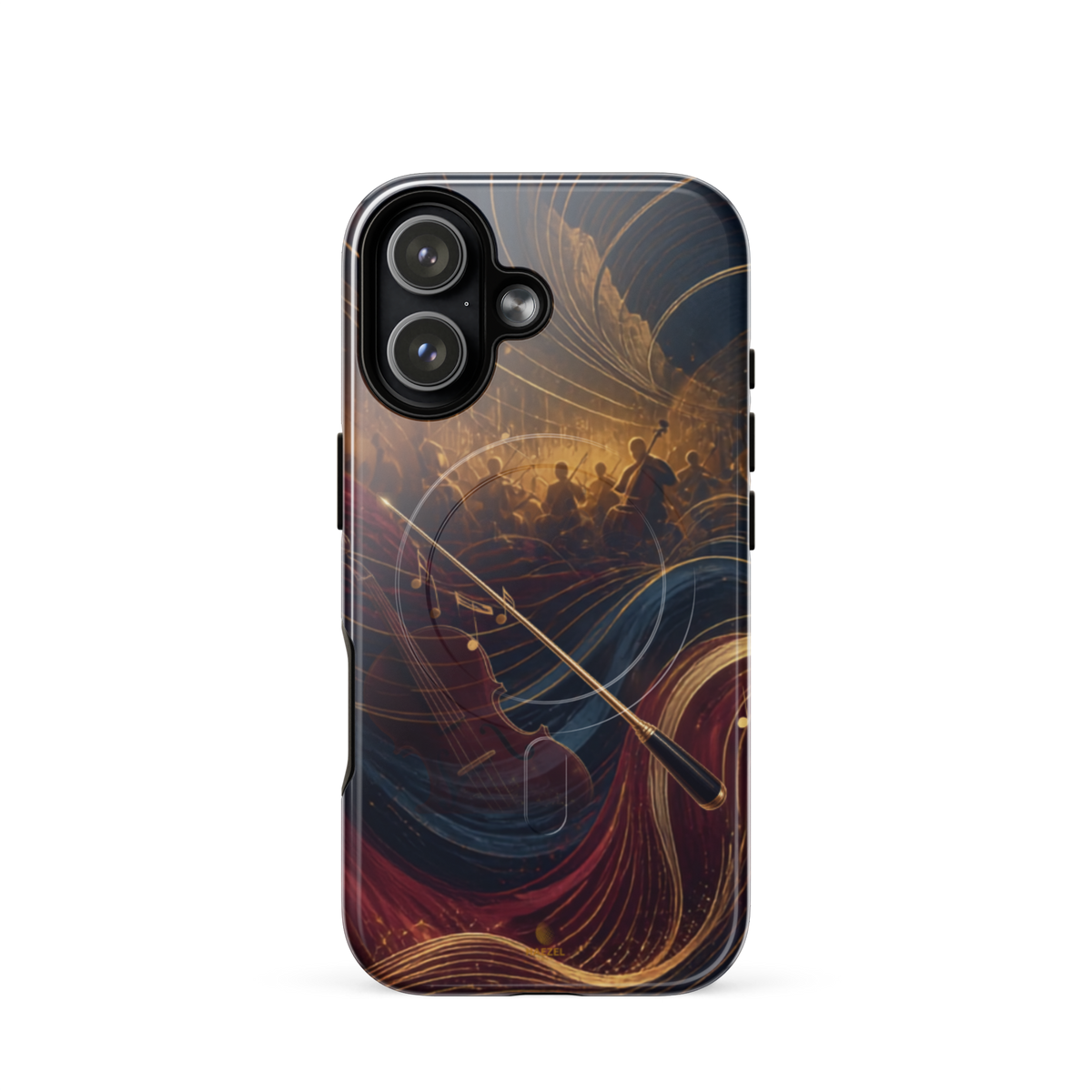 The Virtuoso iPhone Case, gold-line violin and bow over orchestra silhouettes. Haezel Tech Rhythm Series, view 13
