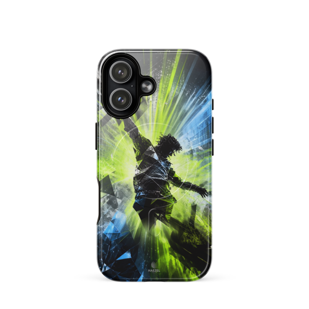 The Kinetic iPhone Case, lime dancer silhouette breaking into geometric shards. Haezel Tech Rhythm Series, view 13