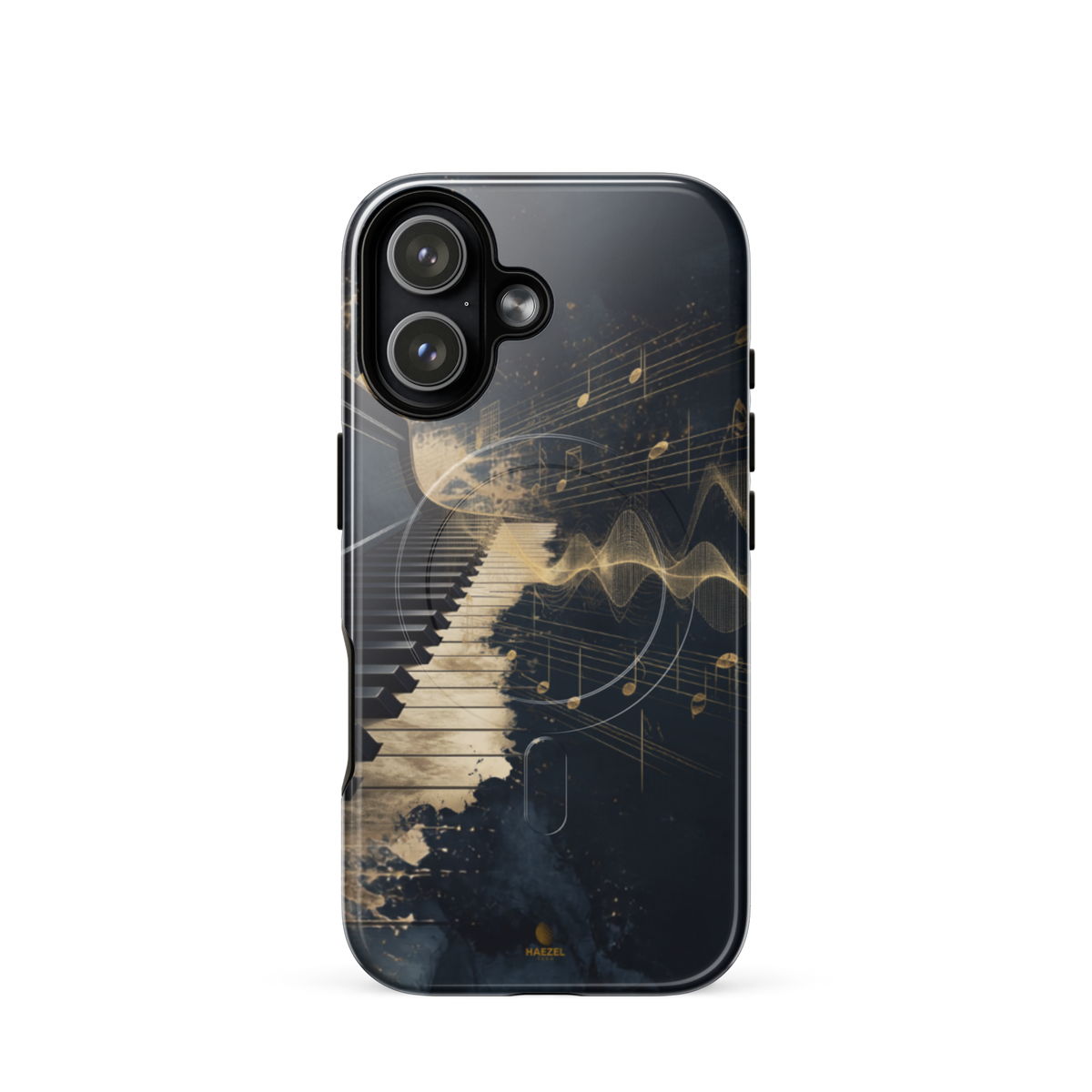 The Nocturne iPhone Case, piano keys and gold music notation on midnight navy. Haezel Tech Rhythm Series, view 13