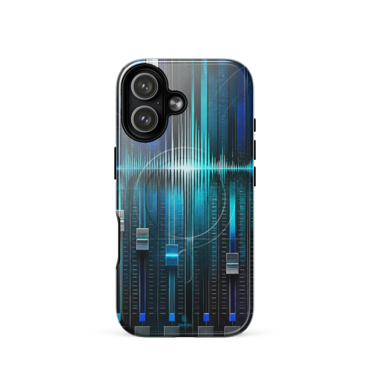 The Mixdown iPhone Case, cyan mixing desk faders and waveform peaks. Haezel Tech Rhythm Series, view 13