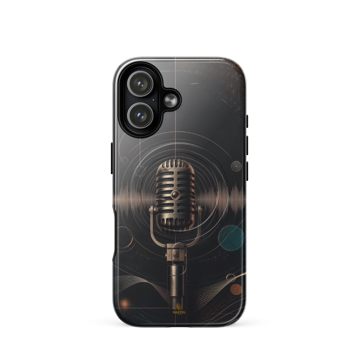 The Broadcast iPhone Case, bronze vintage microphone ringed by soundwaves. Haezel Tech Rhythm Series, view 13