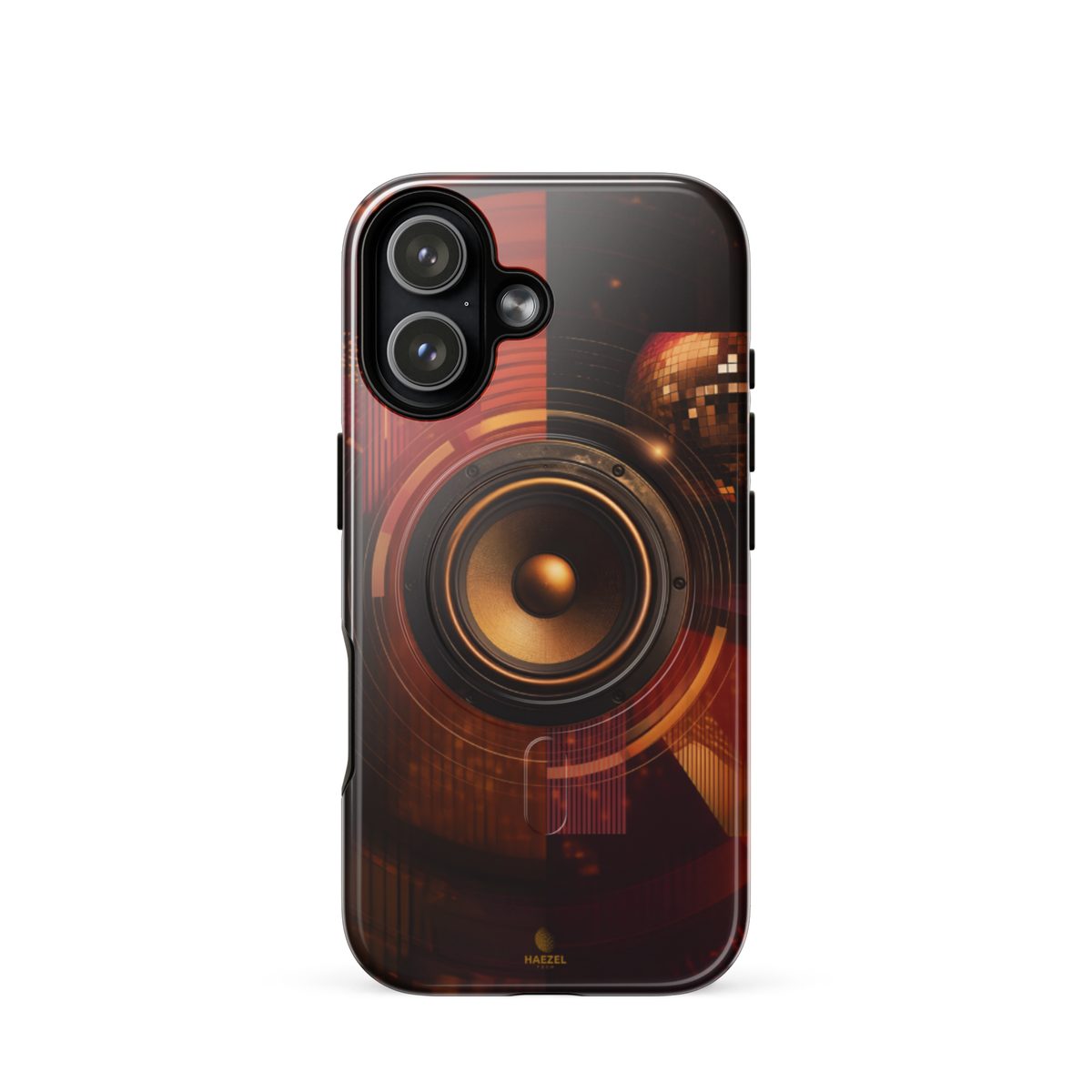 The Bassline iPhone Case, gold speaker cone split across red and black. Haezel Tech Rhythm Series, view 13