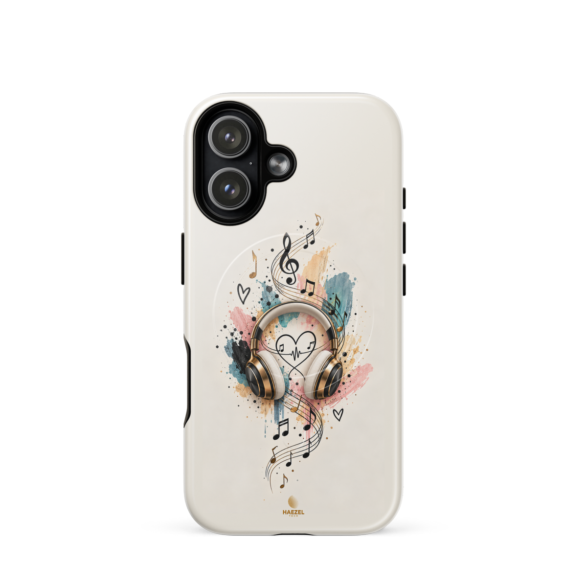 The Serenade Ivory iPhone Case, gold headphones and heartbeat in watercolour on ivory. Haezel Tech Rhythm Series, view 13