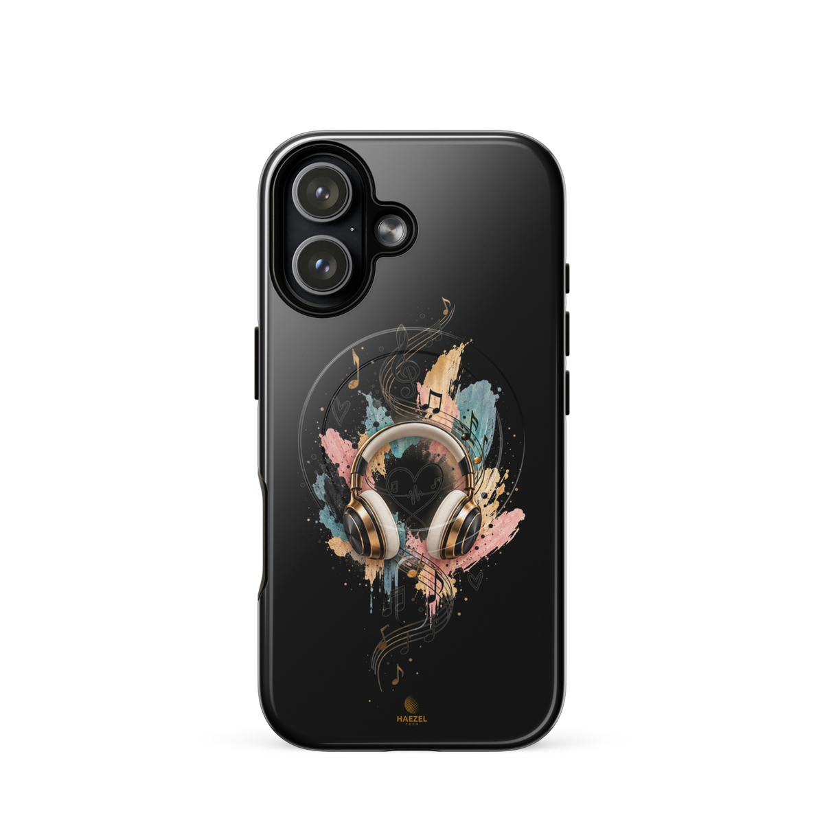 The Serenade Onyx iPhone Case, gold headphones and heartbeat in watercolour on black. Haezel Tech Rhythm Series, view 13