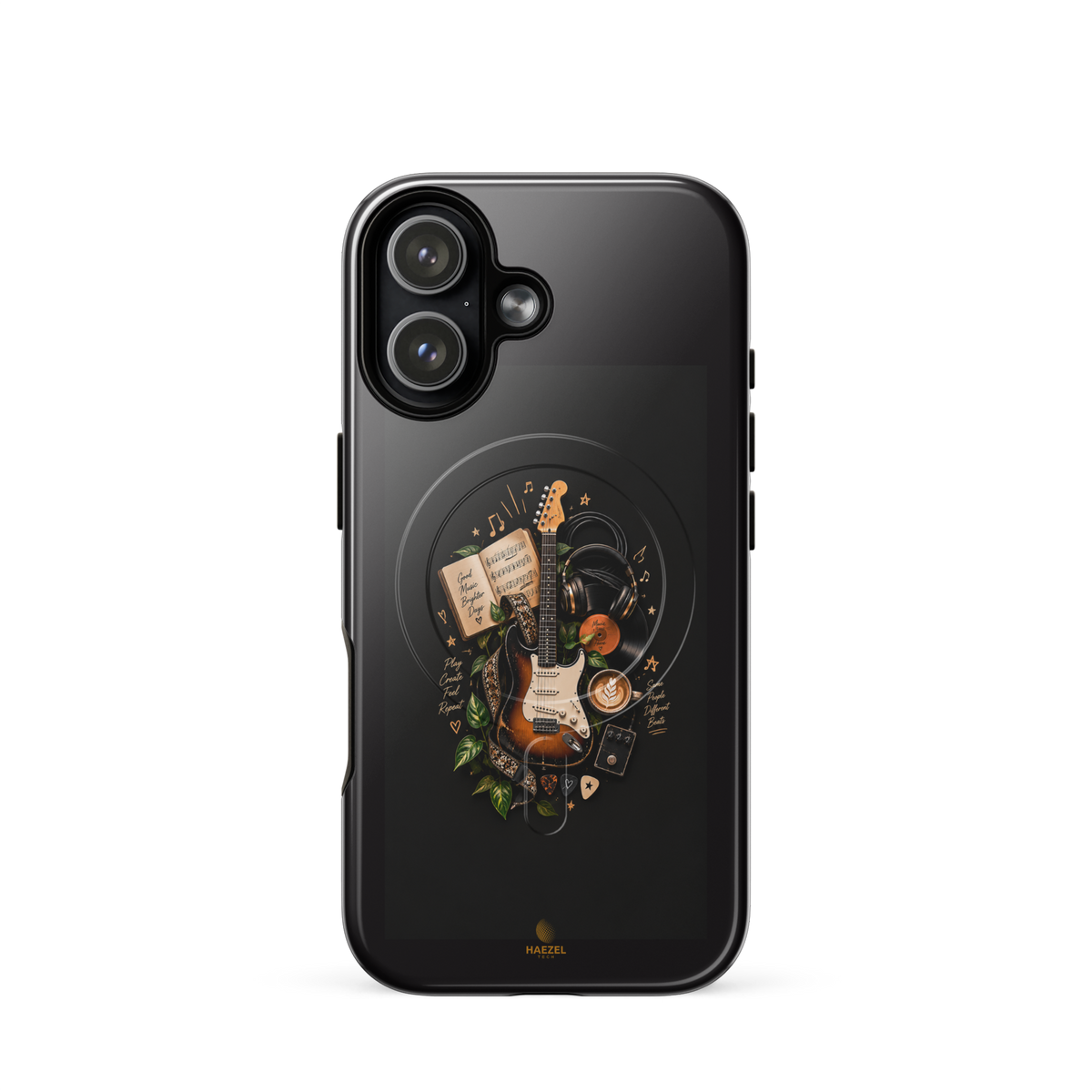 The Songbook iPhone Case, sunburst guitar and open songbook on black. Haezel Tech Rhythm Series, view 13