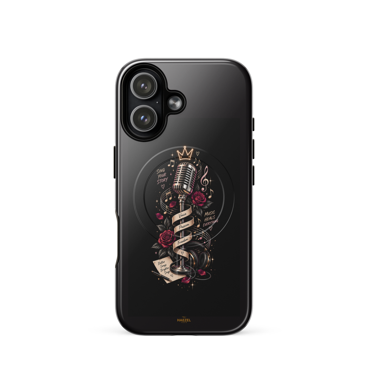 The Showstopper iPhone Case, crowned vintage microphone and red roses on black. Haezel Tech Rhythm Series, view 13