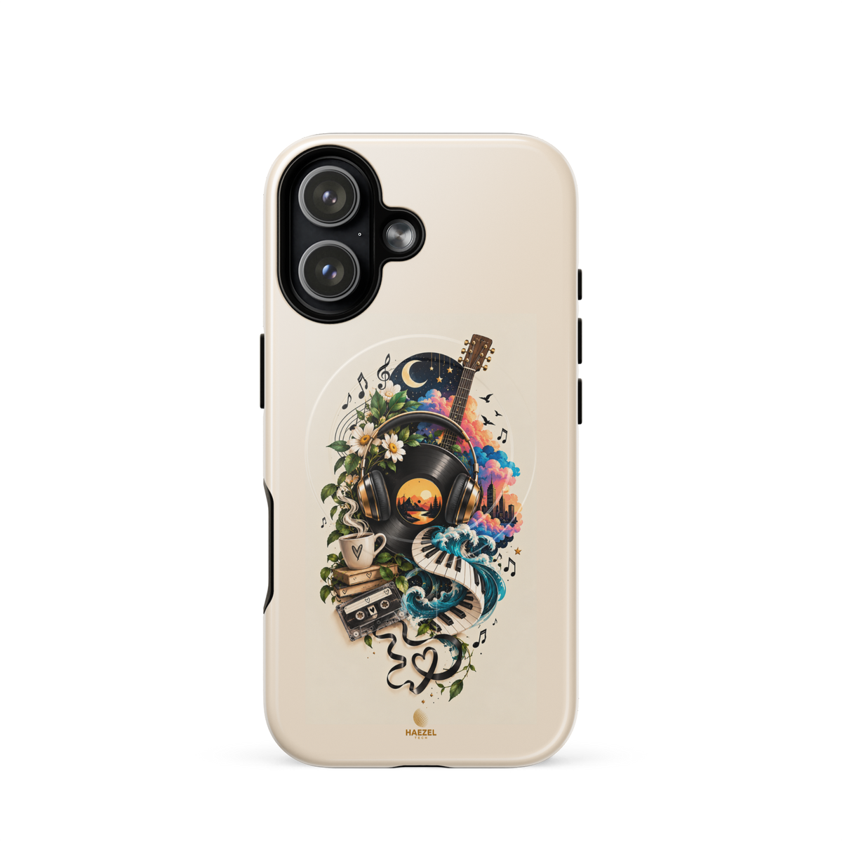 The Playlist iPhone Case, vinyl, headphones, guitar and cassette collage on ivory. Haezel Tech Rhythm Series, view 13