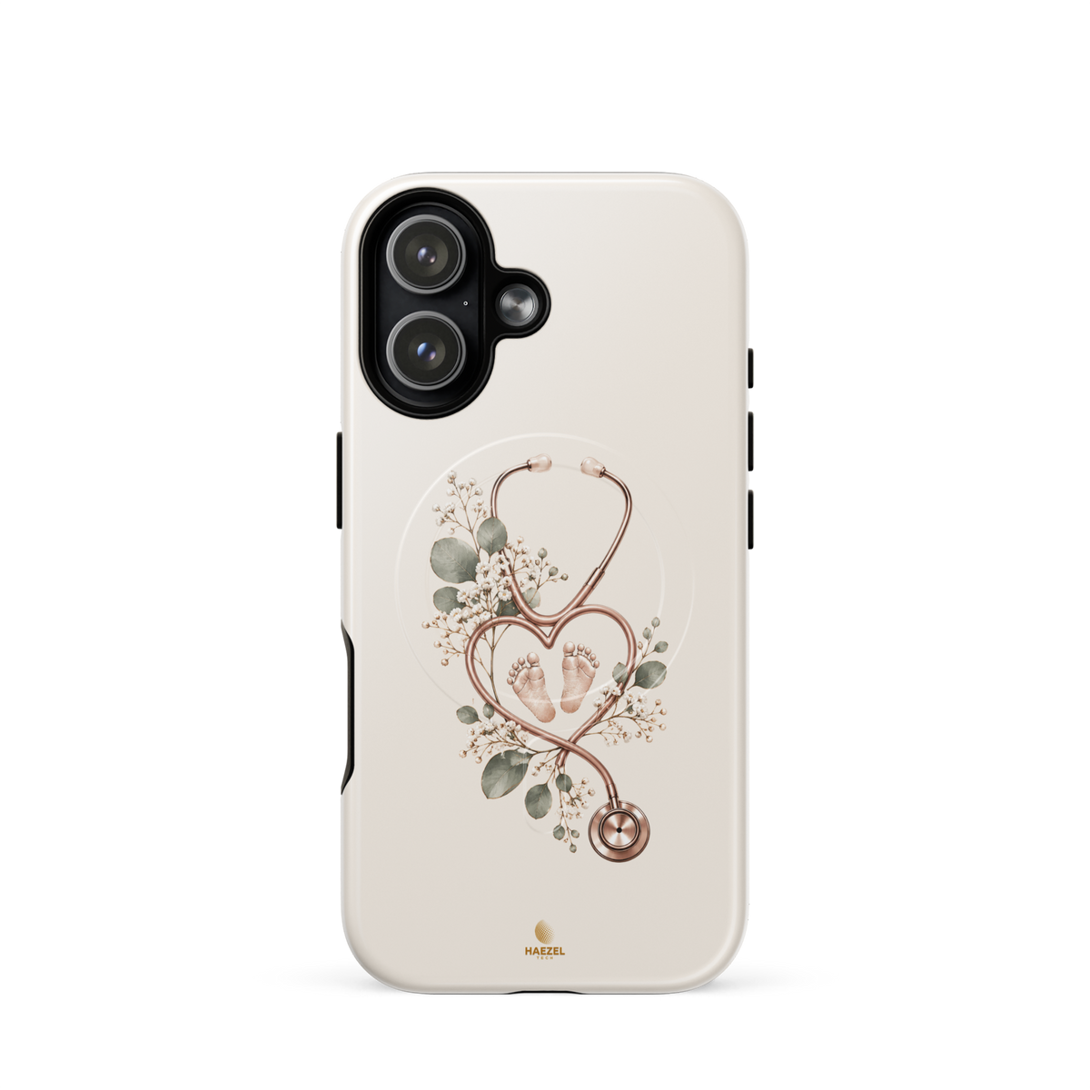 The Midwife Ivory iPhone Case, stethoscope heart with tiny baby feet on ivory. Haezel Tech Healer Series, view 13