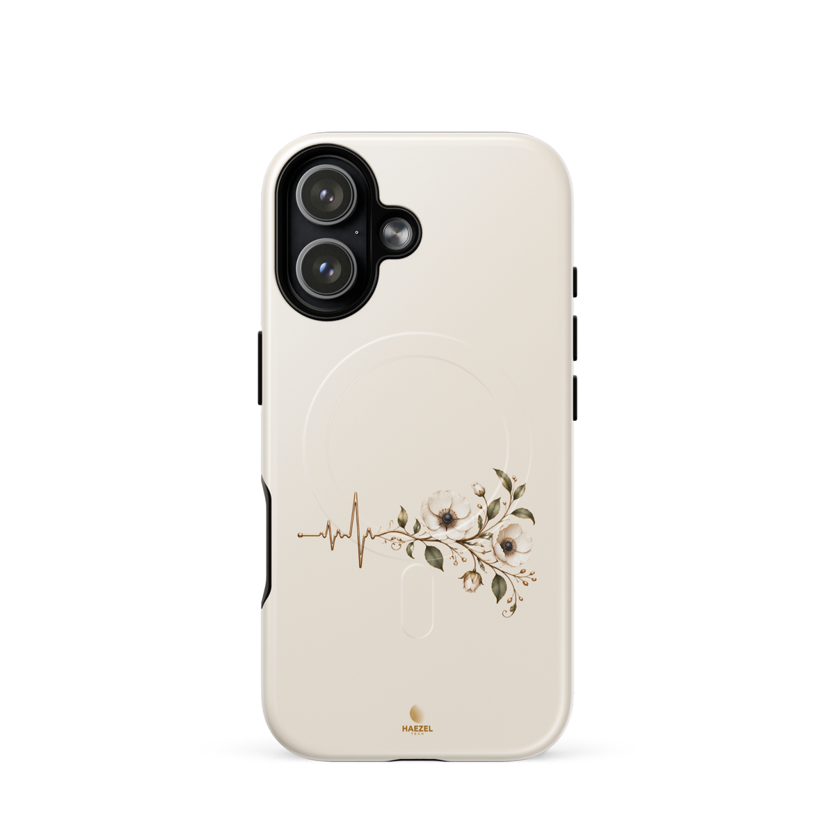 The Heartbeat iPhone Case, gold heartbeat line flowing into flowers on ivory. Haezel Tech Healer Series, view 13