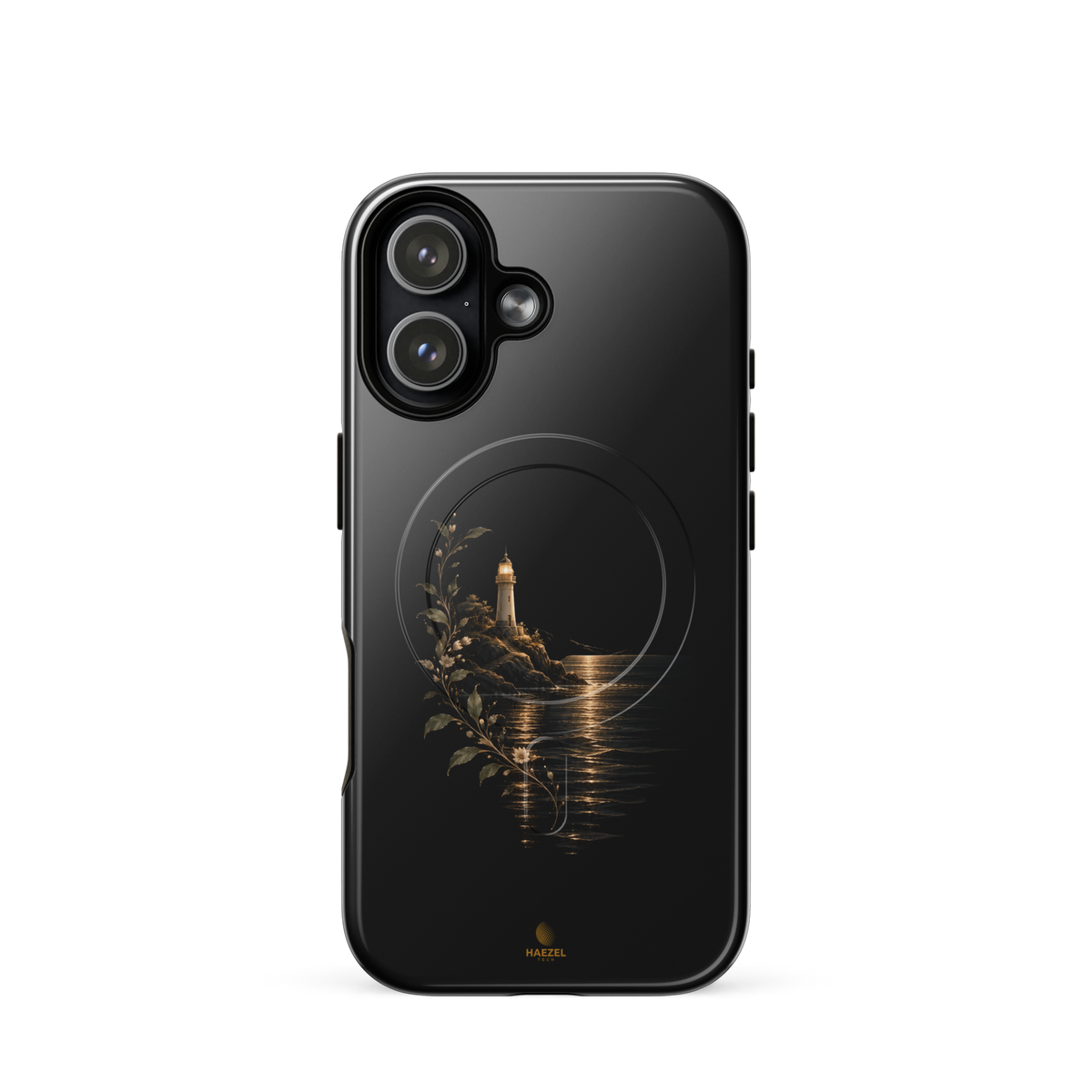 The Lighthouse iPhone Case, lighthouse glowing over still water with gold flowers on black. Haezel Tech Healer Series, view 13