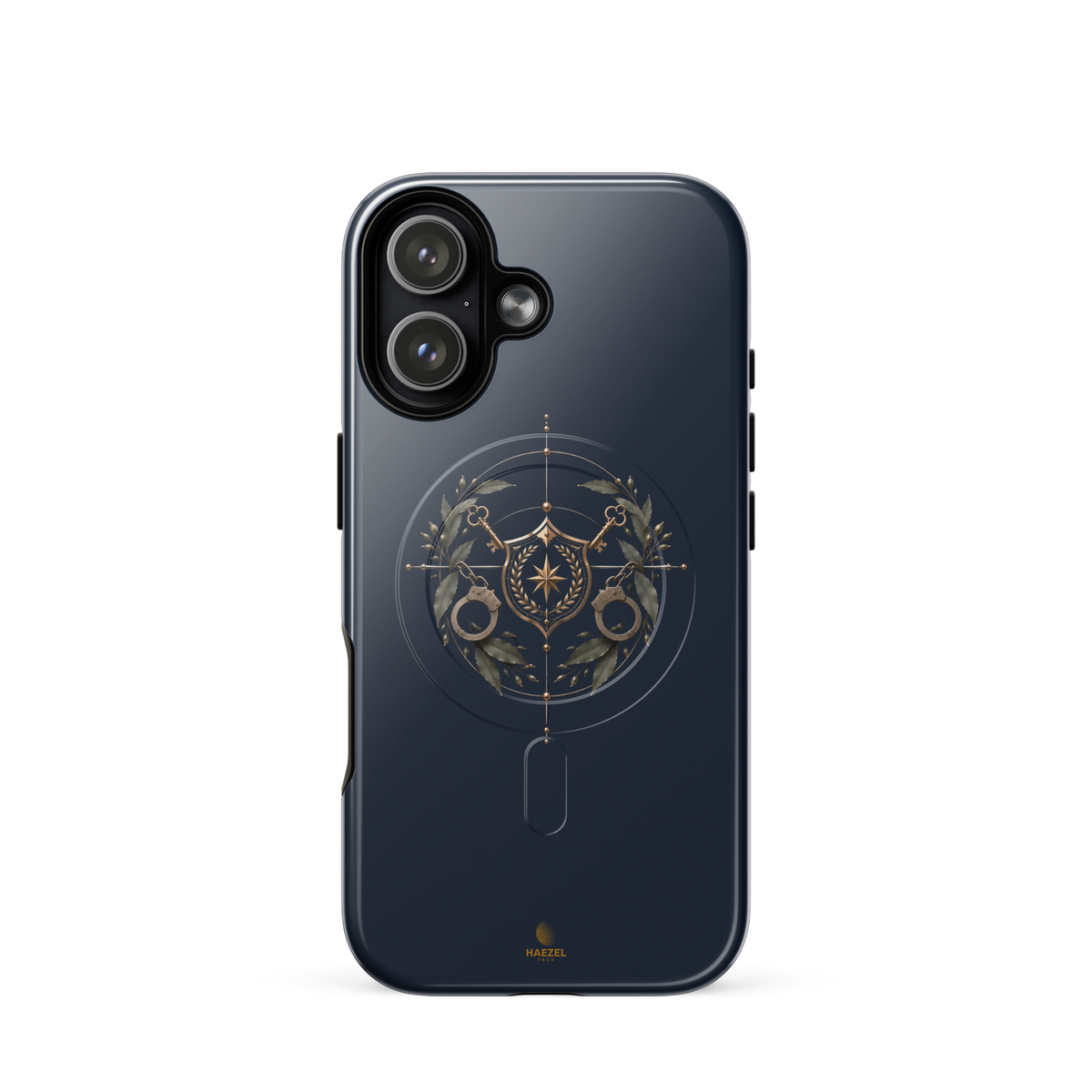 The Watch iPhone Case, gold shield with crossed keys and laurel wreath on navy. Haezel Tech Guardian Series, view 13