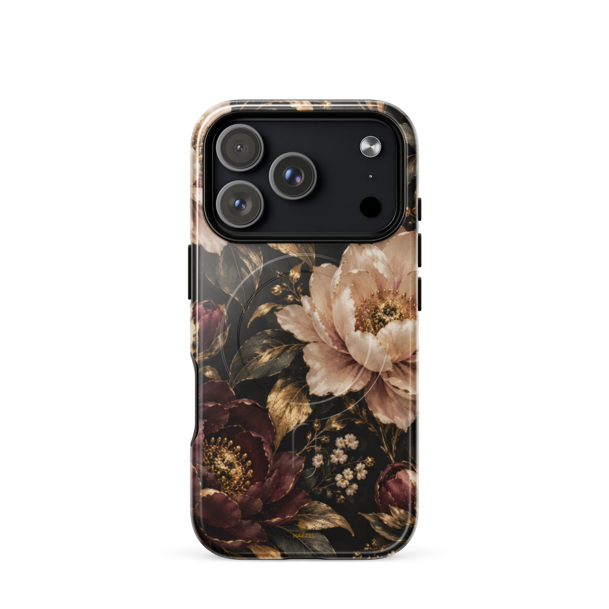 The Peony iPhone Case by Haezel Tech — blush and burgundy peonies with gold foliage on black